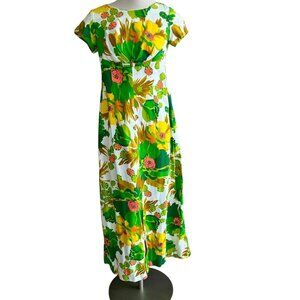 Alice Polynesian Fashions 60s Green Floral Tiki Barkcloth Maxi Dress Size Small
